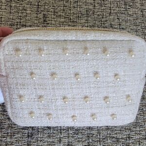 Chic Cream Pearl-Embellished Cosmetic Bag